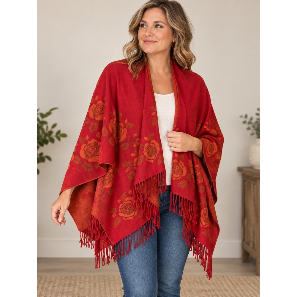 Victoire Mathieu Paris Royalsoft Red Orange Floral Rose Fringe Shawl Wrap France